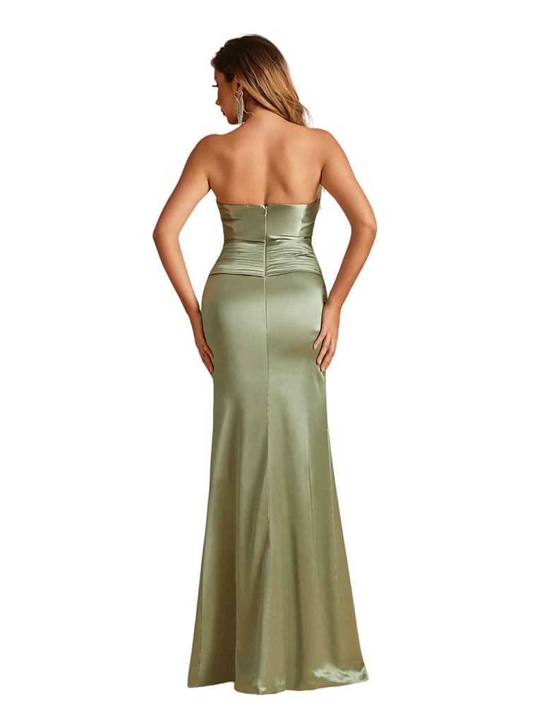 Sexy Mermaid Side Slit Twisted Knot Sweetheart Stretch Satin Floor-Length Bridesmaid Dresses