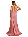 Sexy Spaghetti Straps Criss Cross Side Slit Mermaid Soft Satin Long Bridesmaid Dresses