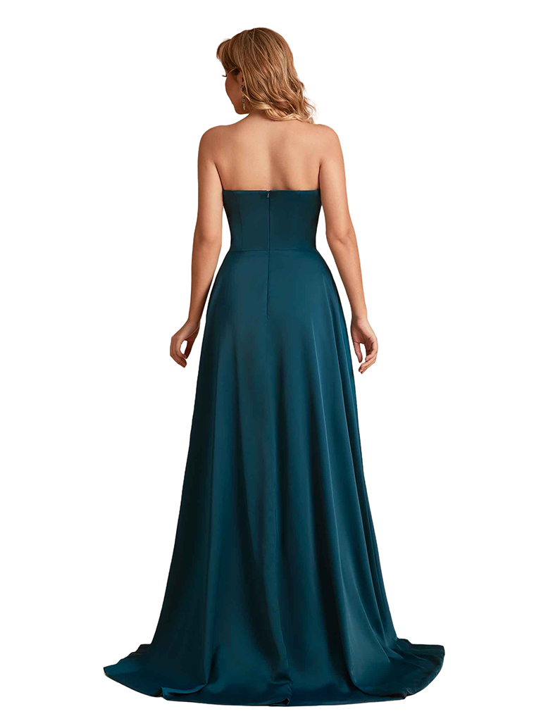 Elegant Silky Satin Strapless Sweetheart A-Line Side Slit Floor Length Bridesmaid Dresses