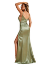 Elegant Spaghetti Straps V-Neck Soft Satin Simple Mermaid Side Slit Long Bridesmaid Dresses Online