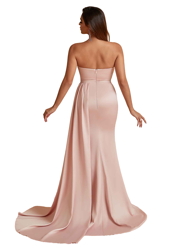 Elegant Silky Satin Sweetheart Strapless Side Split Mermaid Floor Length Bridesmaid Dresses