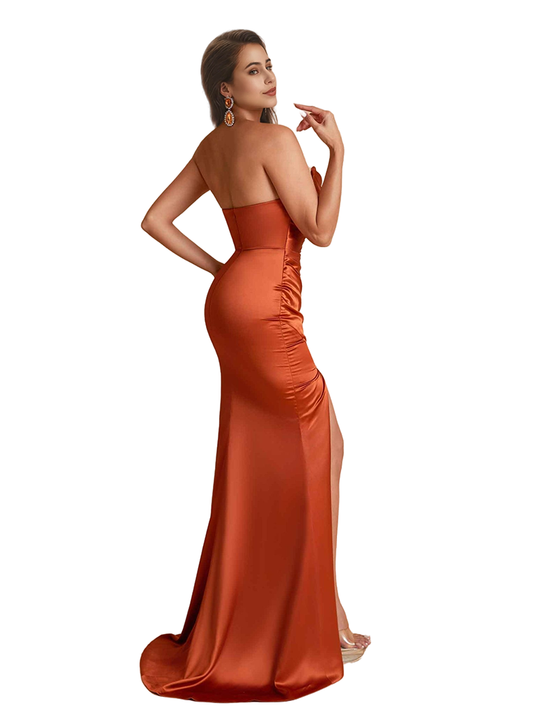 Sexy Mermaid Cowl Neck Ruched Satin Boho Long Bridesmaid Dresses Side Split