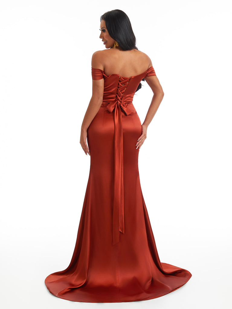 Sexy Off The Shoulder Side Slit Soft Satin Mermaid Lace Up Back Long Bridesmaid Dresses