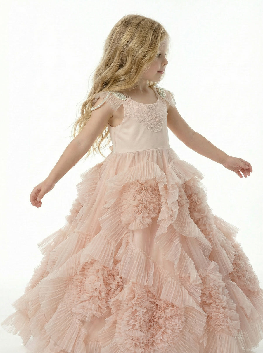 Beautiful Beaded Cap Sleeves Round Neck Lace Ruffle Tulle A-Line Flower Dress For Kids