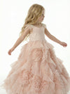 Beautiful Beaded Cap Sleeves Round Neck Lace Ruffle Tulle A-Line Flower Dress For Kids