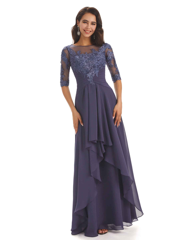 Half Sleeves Appliques Chiffon Elegant Floor-length Mother Of The Bride Dresses
