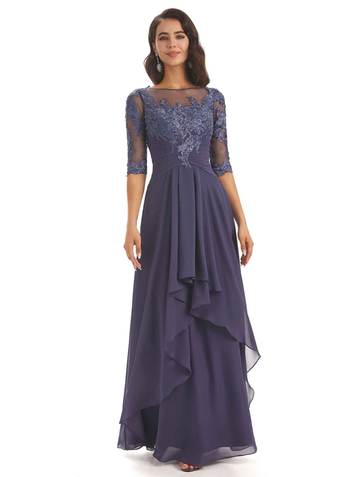 Half Sleeves Appliques Chiffon Elegant Floor-length Mother Of The Bride Dresses