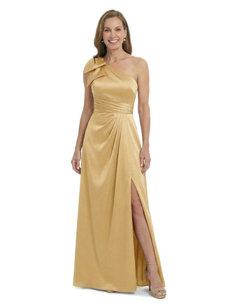 ChicSew One Shoulder Satin Bow Detail Ruched Bodice Slit Detail Floor Length Satin Romantic Mom Of The Groom Dresses