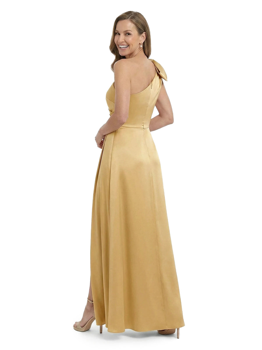 ChicSew One Shoulder Satin Bow Ruched Bodice Floor Length Mom Of The Groom Dresses Slit