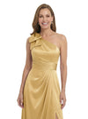 ChicSew One Shoulder Satin Bow Detail Ruched Bodice Slit Detail Floor Length Satin Romantic Mom Of The Groom Dresses