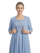 ChicSew Scoop 3/4 Sleeve Chiffon Jacket Lace Applique Bodice Ankle Length Chiffon Fancy Mother of the Bride Dresses