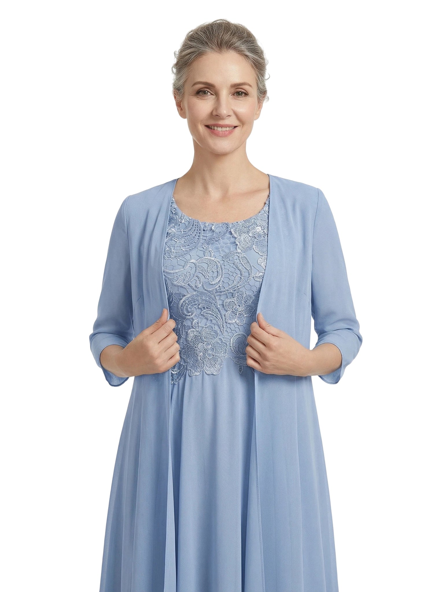 ChicSew Scoop 3/4 Sleeve Chiffon Jacket Lace Applique Bodice Ankle Length Chiffon Fancy Mother of the Bride Dresses