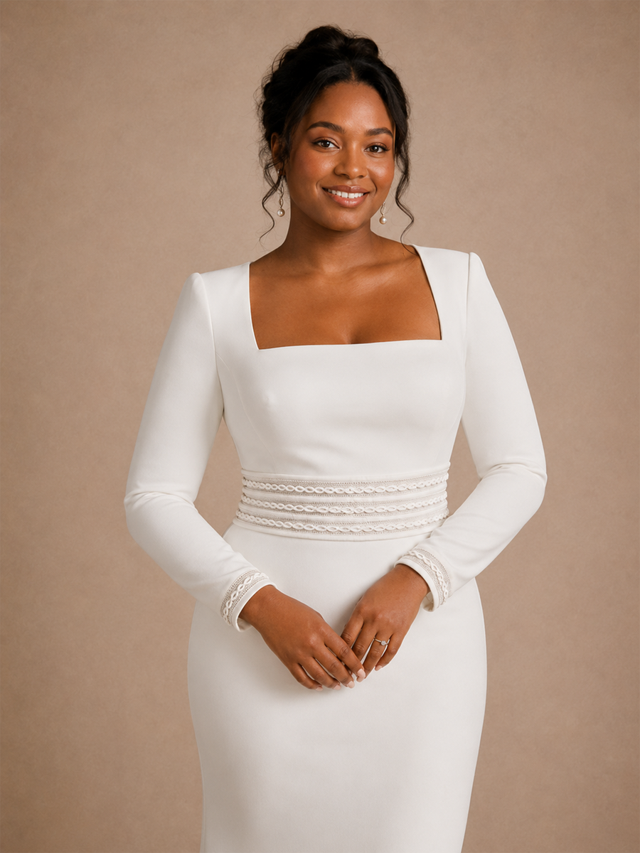 ChicSew Modern Square Neck Long Sleeves Mermaid Crepe Floor-Length Wedding Dress
