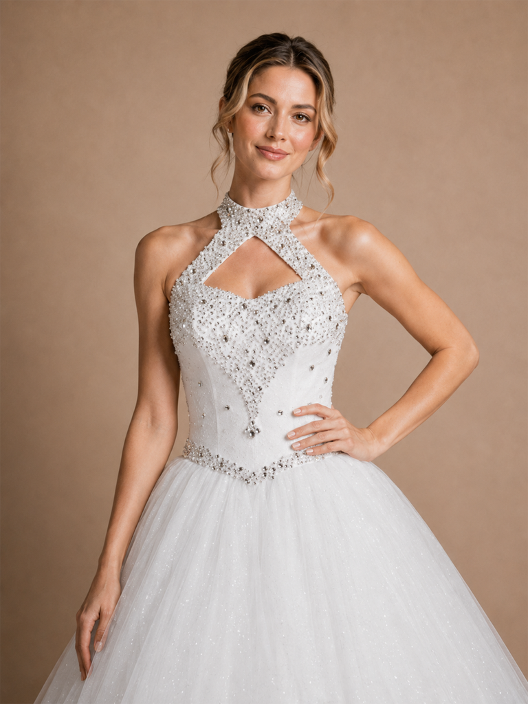 ChicSew Elegant High-Neck A-Line Glitter Tulle Rhinestone Floor-Length Wedding Dress