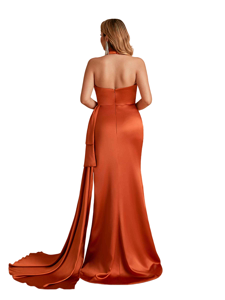 Sexy Halter Mermaid Side Slit Silky Satin Unique Long Bridesmaid Dresses