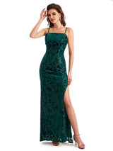Sexy Side Slit Spaghetti Straps Floral Burnout Velvet Long Formal Wedding Guest Dresses