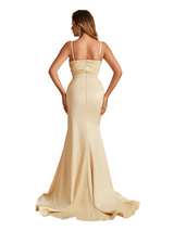 Women's Ruched Mermaid Satin Long Wedding Bridesmaid Dresses Slit