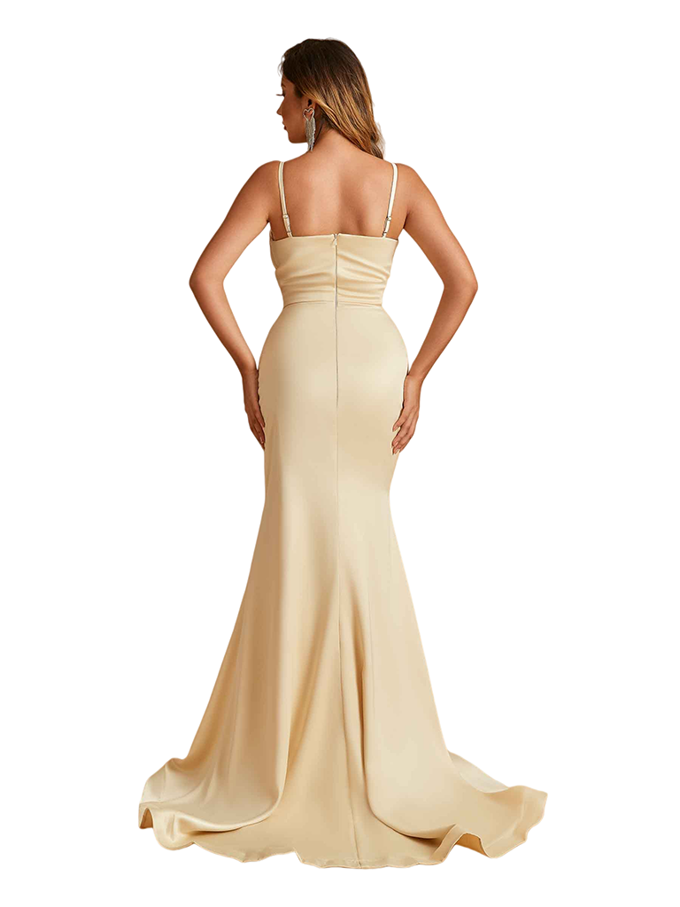 Women's Ruched Mermaid Satin Long Wedding Bridesmaid Dresses Slit