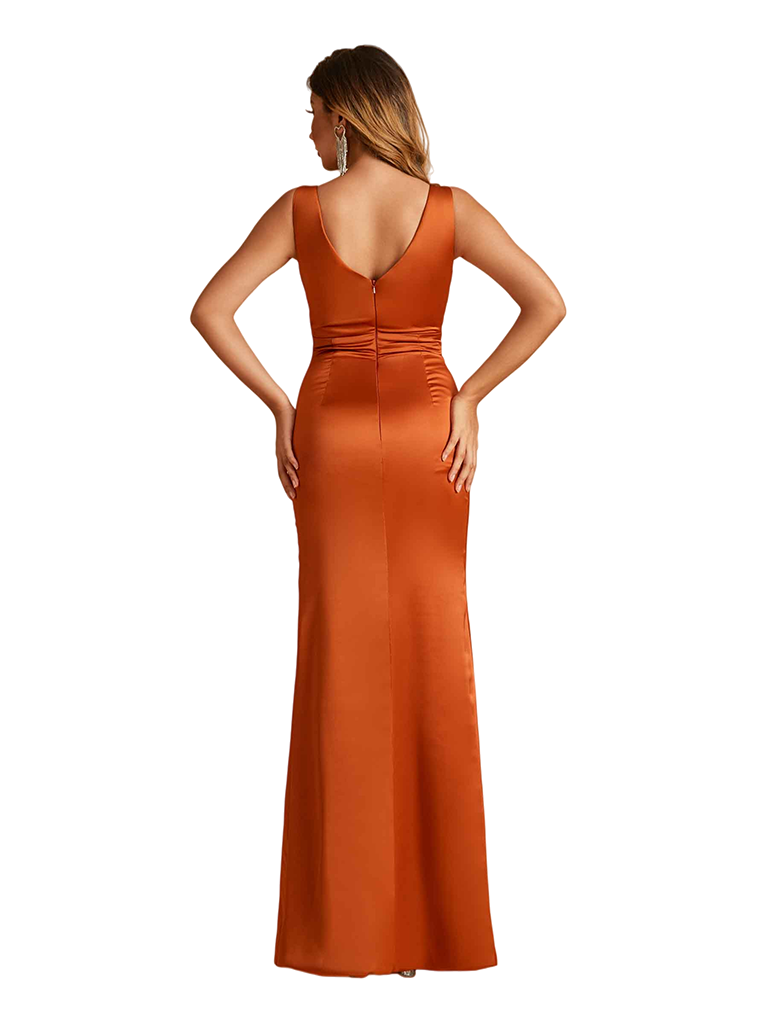 Elegant V-Neck Ruched Mermaid Satin Long Bridesmaid Dresses Online