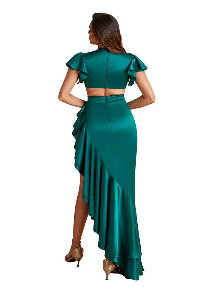 Sexy Cap Sleeves Ruffle Silky Satin Mermaid Side Slit Maxi Bridesmaid Dresses Online