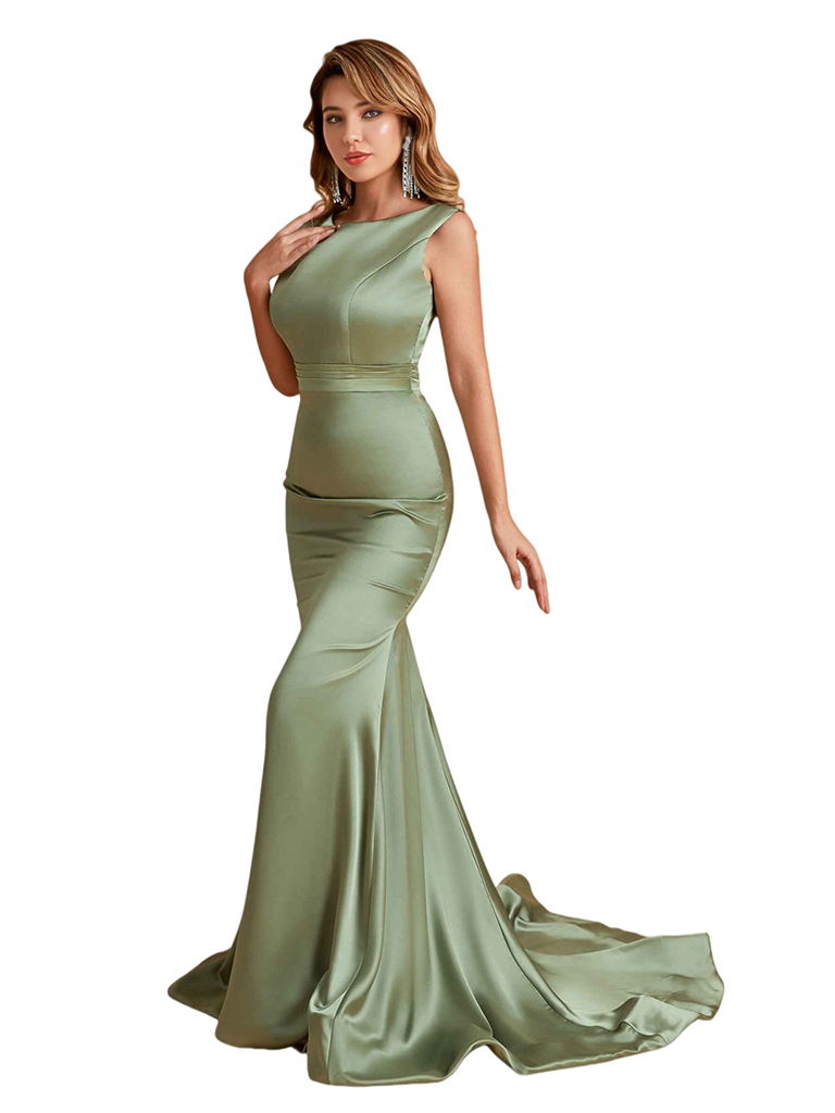 Elegant Silky Satin Bateau Simple Mermaid Pretty Long Bridesmaid Dresses