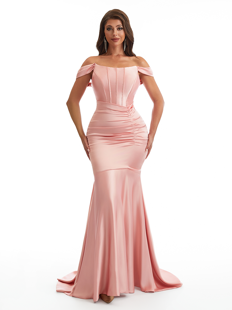 Sexy Off The Shoulder Ruched Mermaid Soft Satin Long Formal Dresses Online