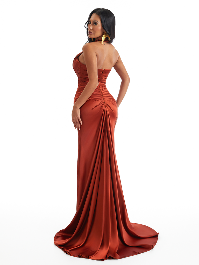 Sexy Halter Mermaid Soft Satin Side Slit Long Bridesmaid Dresses Online