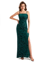 Sexy Side Slit Spaghetti Straps Floral Burnout Velvet Long Formal Wedding Guest Dresses
