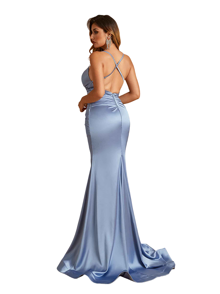 Sexy V-Neck Spaghetti Straps Ruched Satin Mermaid Long Wedding Bridesmaid Dresses