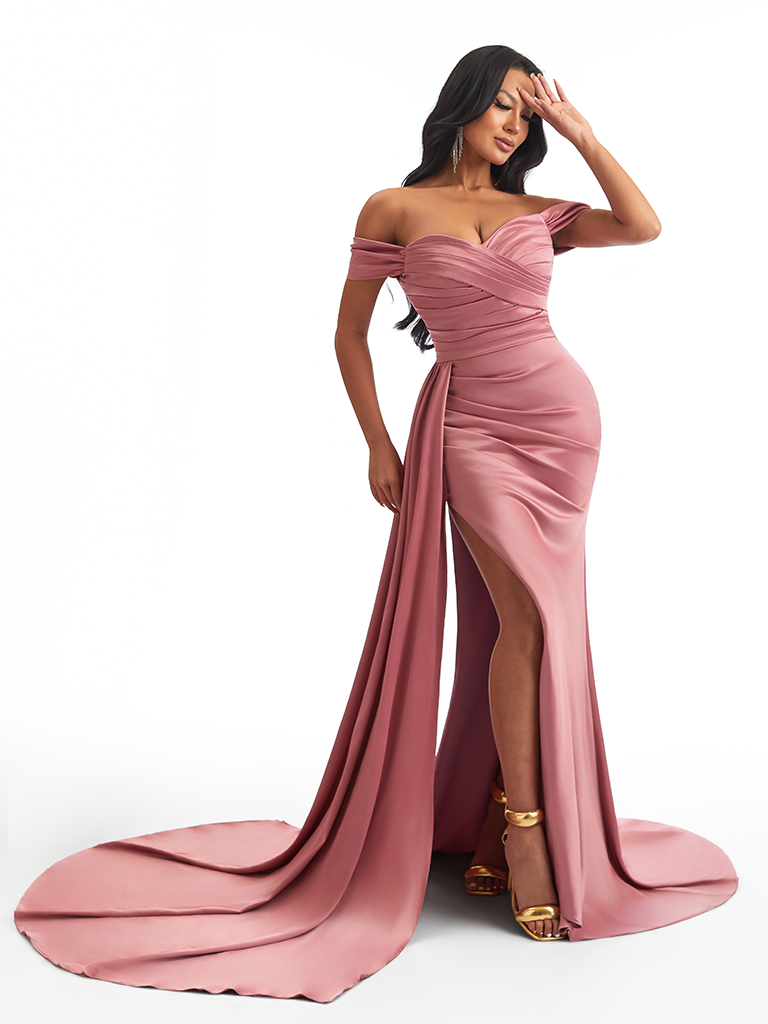 Sexy Off Shoulder Side Split Mermaid Soft Satin Long Bridesmaid Dresses