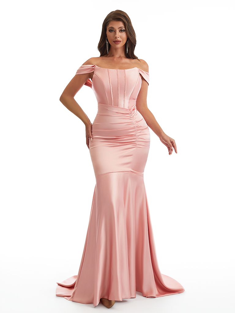 Sexy Off The Shoulder Ruched Mermaid Soft Satin Long Formal Dresses Online