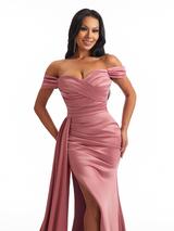 Sexy Off Shoulder Side Split Mermaid Soft Satin Long Bridesmaid Dresses