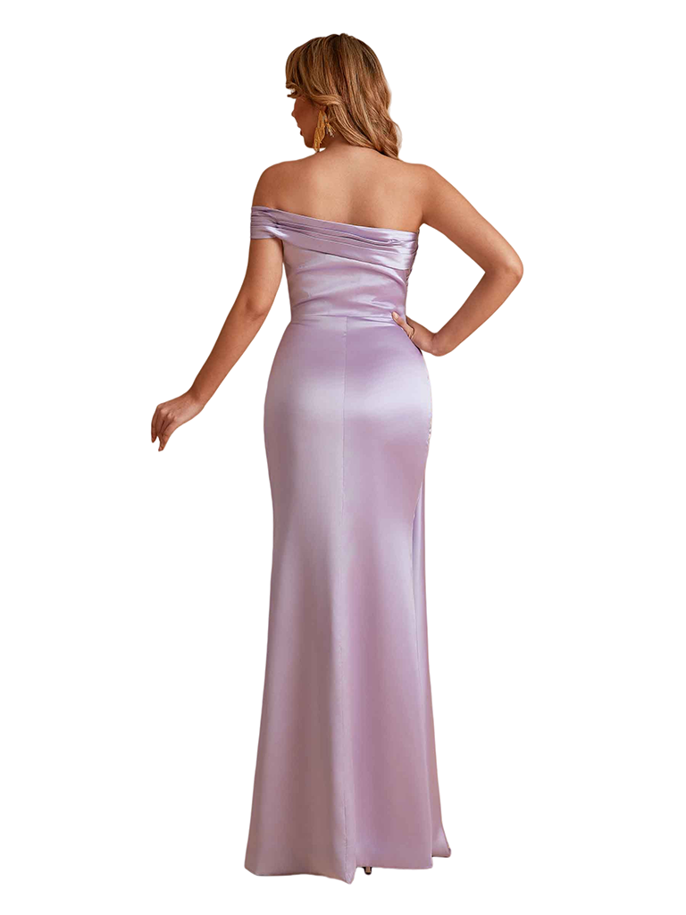 Elegant One Shoulder Silky Satin Mermaid Side Slit Pretty Long Bridesmaid Dresses
