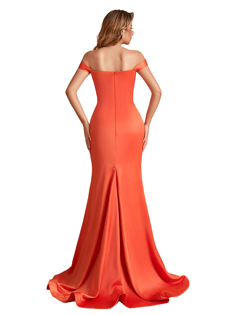 Elegant Off The Shoulder Soft Satin Mermaid Side Slit Long Bridesmaid Dresses Online