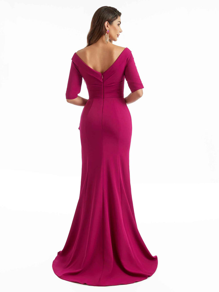 Sexy Side Split Mermaid Short Sleeves Stretch Crepe Long Chic Bridesmaid Dresses Online