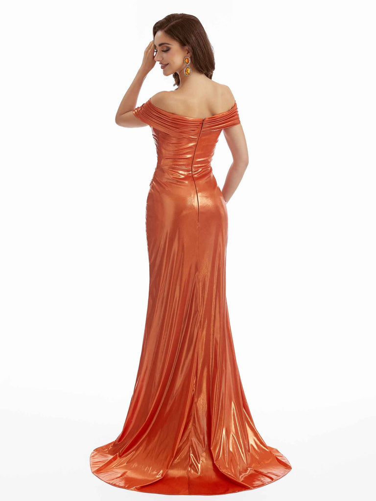 Sexy Mermaid Off Shoulder Metallic Stretch Shiny Fabric Long Bridesmaid Dresses Online