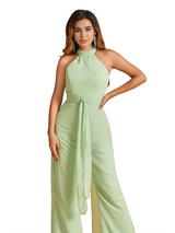 Elegant High Neck Chiffon Long Women's Pantsuit Jumpsuit For Bridesmaids