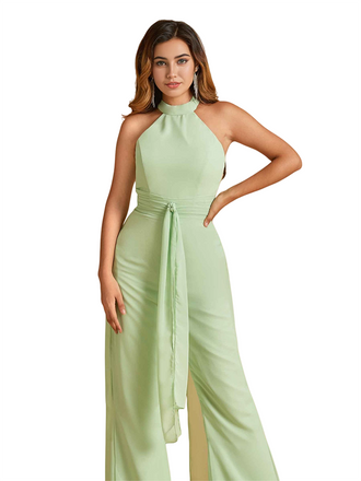 Elegant High Neck Chiffon Long Women's Pantsuit Jumpsuit For Bridesmaids