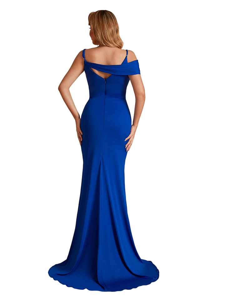 Unique Silky Satin Mermaid Asymmetic Straps Side Slit Long Bridesmaid Dresses Online