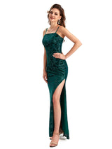 Sexy Side Slit Spaghetti Straps Floral Burnout Velvet Long Formal Wedding Guest Dresses