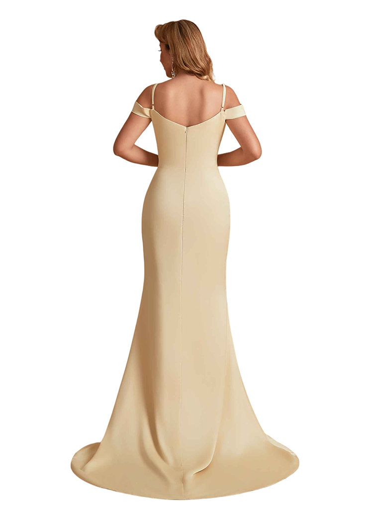 Sexy Soft Satin Cold Shoulder Mermaid Side Slit Unique Long Bridesmaid Dresses