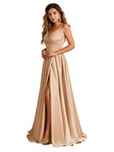 Sexy Spaghetti Straps Soft Satin A-Line Side Slit Pretty Long Bridesmaid Dresses Online