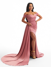 Sexy Off Shoulder Side Split Mermaid Soft Satin Long Bridesmaid Dresses
