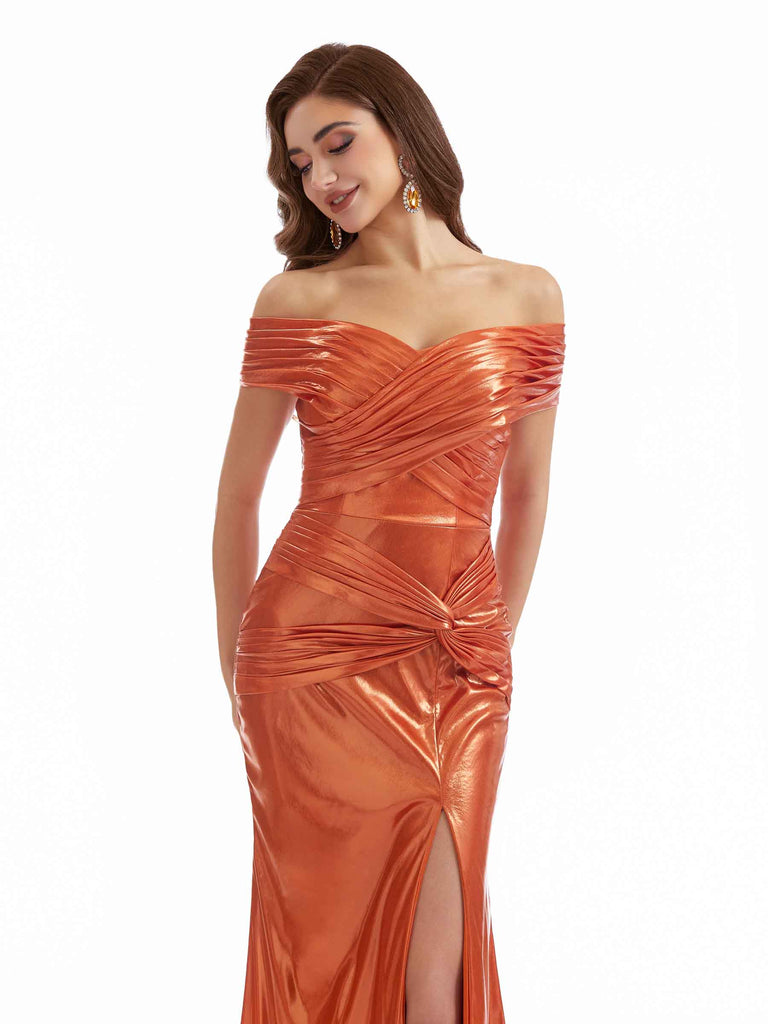 Sexy Mermaid Off Shoulder Metallic Stretch Shiny Fabric Long Bridesmaid Dresses Online