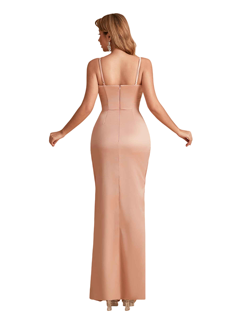 Sexy Silky Satin Spaghetti Straps Mermaid Side Slit Unique Floor Length Bridesmaid Dresses