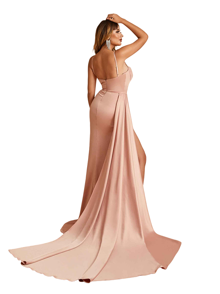 Sexy Spaghetti Straps Side Slit Mermaid Soft Satin Pretty Long Bridesmaid Dresses