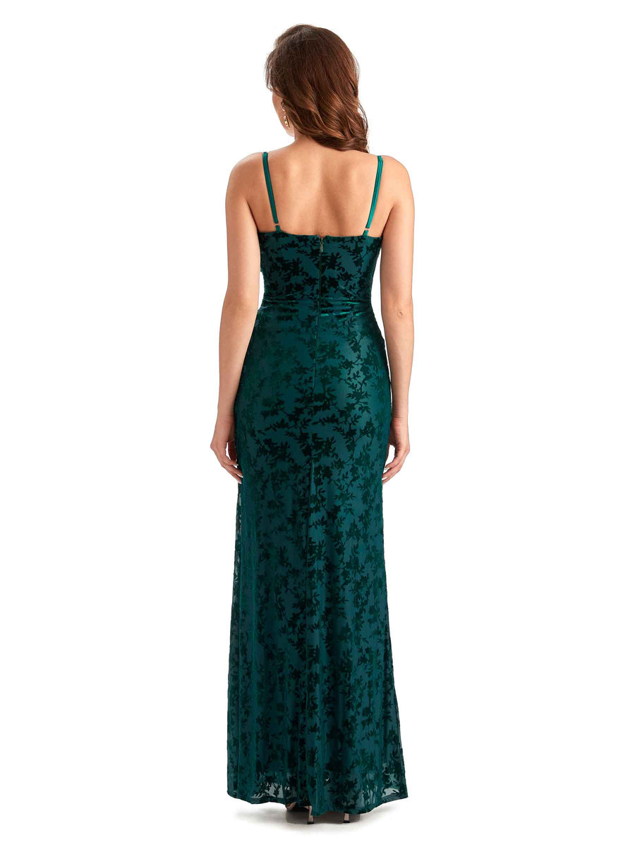 Sexy Side Slit Spaghetti Straps Floral Burnout Velvet Long Formal Wedding Guest Dresses