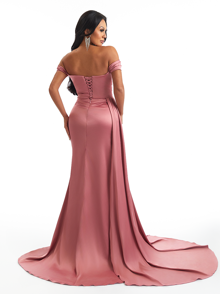 Sexy Off Shoulder Side Split Mermaid Soft Satin Long Bridesmaid Dresses