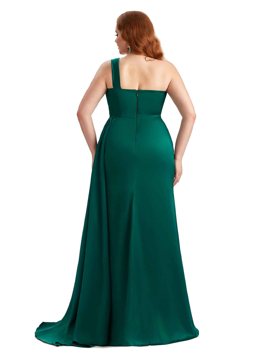 Plus Size One Shoulder Sexy Side Slit Mermaid Soft Satin Long Bridesmaid Gowns