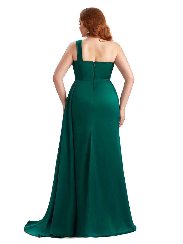One Shoulder Sexy Side Slit Mermaid Soft Satin Long Plus Size Bridesmaid Gowns